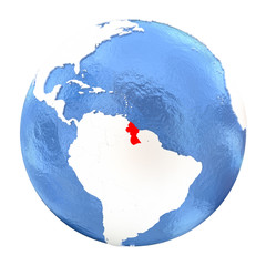 Guyana on globe isolated on white