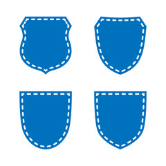 Shield shape icons set. Blue label signs isolated on white. Symbol of protection, arms, coat honor, security, safety. Flat retro style design. Element vintage heraldic emblem Vector illustration