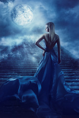 Woman Climb Up Stairs to Fantasy Moon Heaven, Fairy Girl in Night Blue Dress, Model Back View...