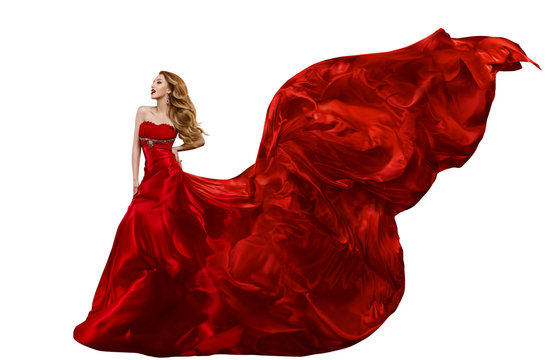 Woman Fashion Red Dress, Gown Waving on Wind, Girl with Flying Silk Fabric Isolated over White