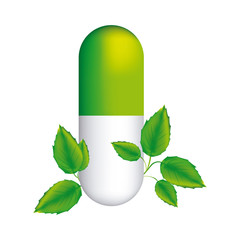 pill medical in capsule shape with decorative leaves vector illustration