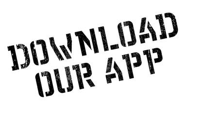 Download Our App rubber stamp. Grunge design with dust scratches. Effects can be easily removed for a clean, crisp look. Color is easily changed.