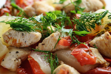 braised chicken fillet with squash and bell pepper, closeup photo