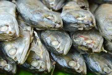 raw mackerel on fresh banana leaf in market