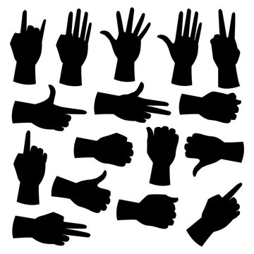 Hand silhouettes set. Collection of hand gestures isolated on white background