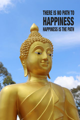 Gold buddha statue with cloudy blue sky and happiness quote