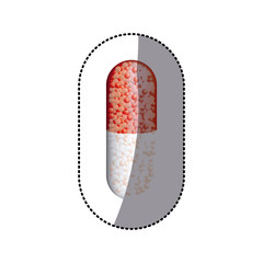 sticker colored pills medical in capsules shape with granules inside vector illustration