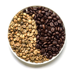Raw and roasted coffee beans.