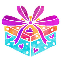 Watercolor gift box with bow and hearts