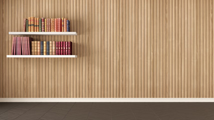 Empty room, shelves with old books, herringbone parquet and wooden wall, background interior design