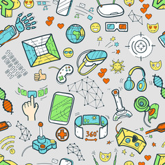 Doodle vector seamless pattern with virtual reality and innovati © dinkoobraz