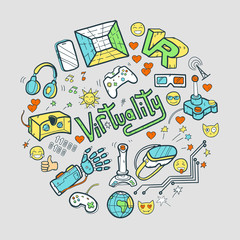 Doodle vector round illustration with virtual reality and innova