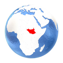 South Sudan on globe isolated on white