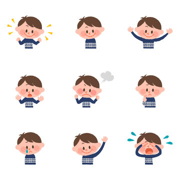 illustration of various facial expressions of a boy
