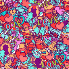 Love And Valentines Doodle Color Seamless Pattern