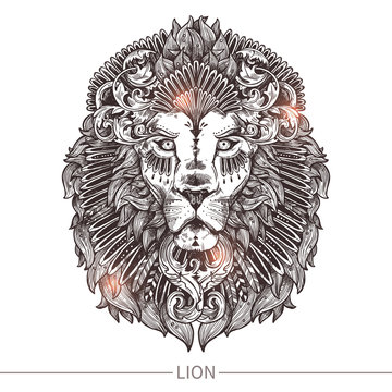 Ornamental Tattoo Lion Head. Highly Detailed Abstract Hand Drawn Style