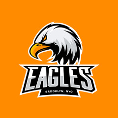 Naklejka premium Furious eagle sport vector logo concept isolated on orange background. Professional New York Brooklyn team pictogram design. Premium quality wild bird t-shirt tee print illustration.