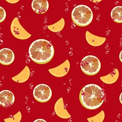 Colorful seamless pattern with citrus slices on red background. Vector.