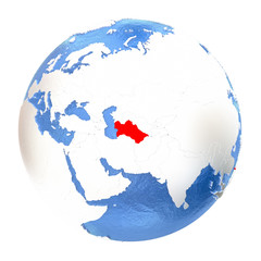 Turkmenistan on globe isolated on white