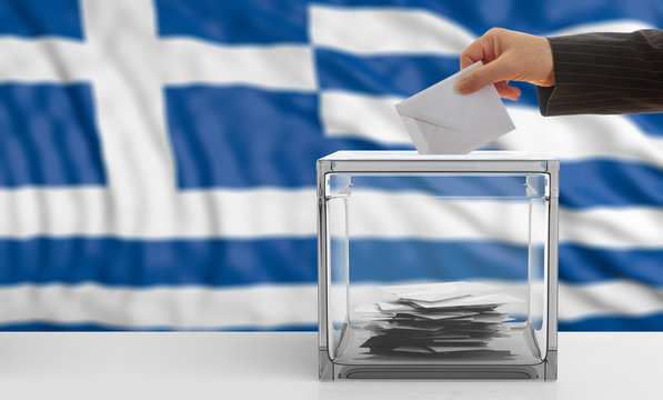 Voter on a Greece flag background. 3d illustration