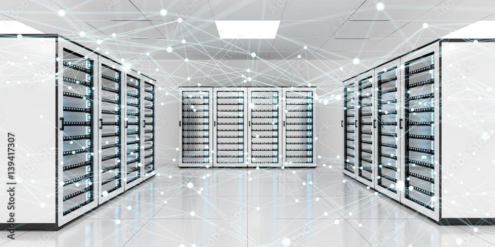 Poster abstract network on server room data center 3d rendering