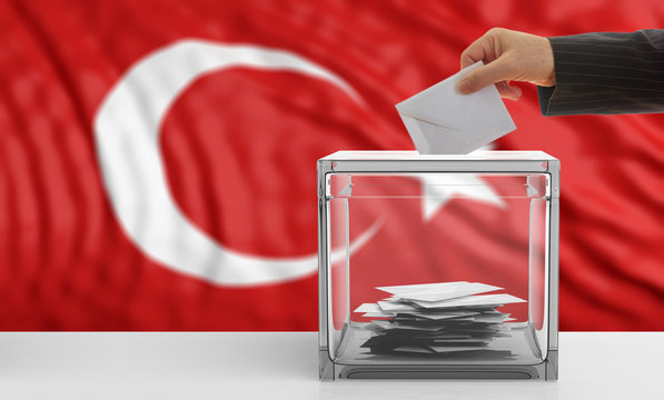 Elections in Turkey. Voter on a Turkey flag background. 3d illustration