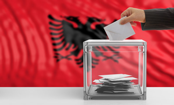 Albania elections. Voter on an Albanian flag background. 3d illustration