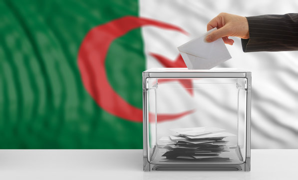 Algeria alections. Voter on an Algerian flag background. 3d illustration