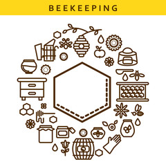 Beekeeping vector line icon honey label emblem. Outline apiary isolated objects in a circle.