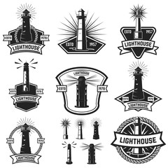 Set of the badges with lighthouses. Design elements for logo, label, emblem, poster, t-shirt. Vector illustration.