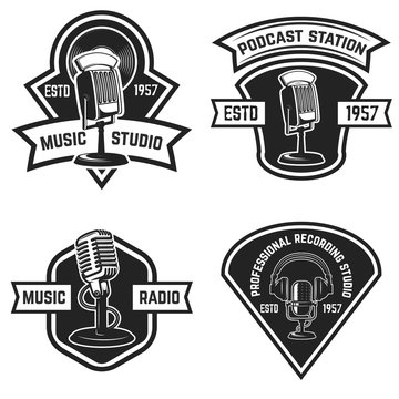 Set of  emblems with old style microphone isolated on white background. Design elements for logo, label, sign. Vector illustration