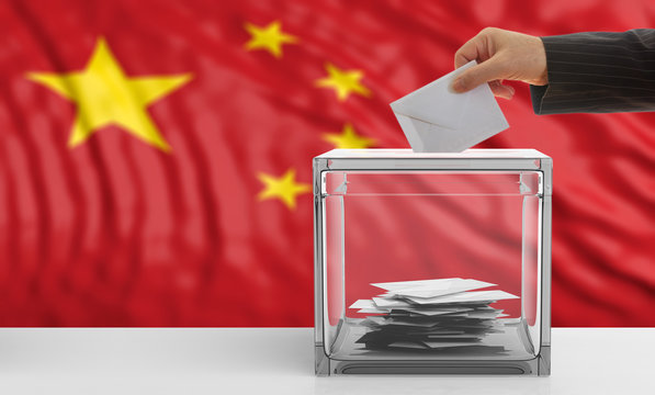 Voter on a China flag background. 3d illustration