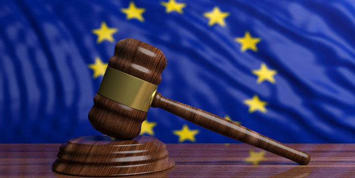 Auction judge gavel on EU flag background. 3d illustration