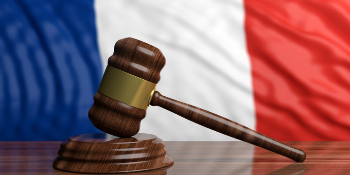Auction gavel on France flag background. 3d illustration
