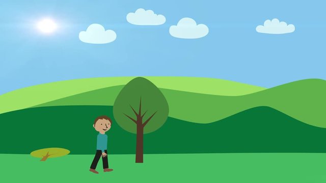 Man walking in nature with rain and sun. Animated character with flat design. Concept of weather, change and contrast.