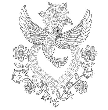Flying dove with heart and roses. Hand drawn sketch illustration for adult coloring book.