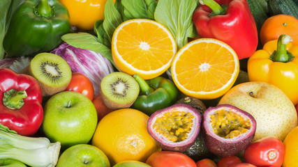 Arrangement fresh fruits and vegetables for eating healthy