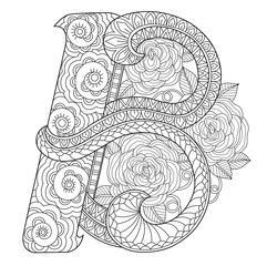 ABC Hand drawn sketch illustration for adult coloring book.