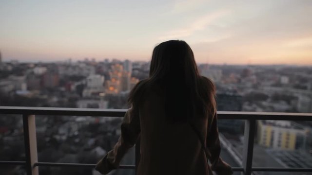 Young woman looking to cityscape from high skyscraper