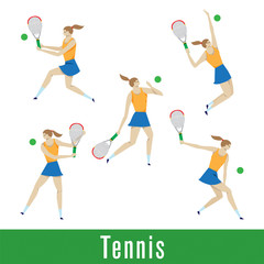 Vector illustration of female tennis player in action on white background.