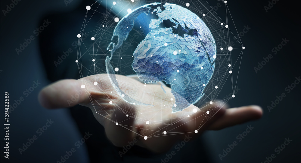 Poster businessman holding global network on planet earth 3d rendering