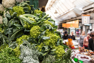  Organic beautiful green vegetables at farmers market. Roman cauliflowers or Romanesco broccoli.