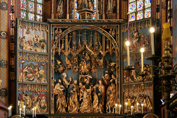 Interior of the St. Mary's Basilica. The largest Gothic altarpiece in the World - The Altarpiece of...