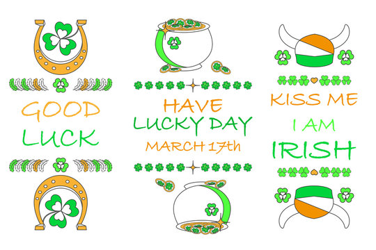 Set of St. Patrick's Day element on white background. Kiss me I am Irish