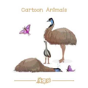Toons series cartoon animals: emus & butterfly
