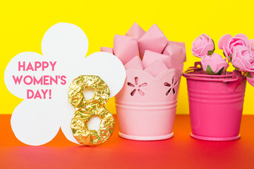 figure 8 a bouquet of flowers in a bucket. Happy Women's Day greeting card 