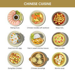 Chinese cuisine menu traditional dishes vector flat icons set