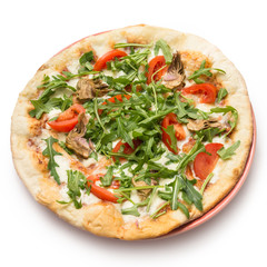 Pizza vegetariana con carciofi,rucola,pomodoro e mozzarella 