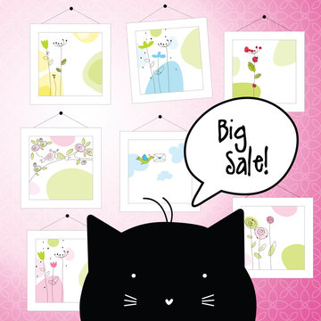 Big spring sale. Floral greeting cards. Cat character. Background template. Design elements. Pictures.