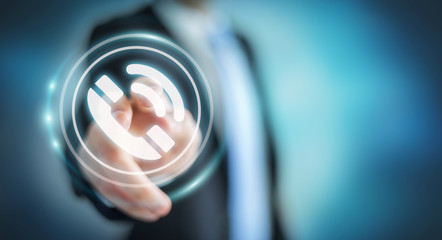 Businessman using hotline customer assistance 3D rendering